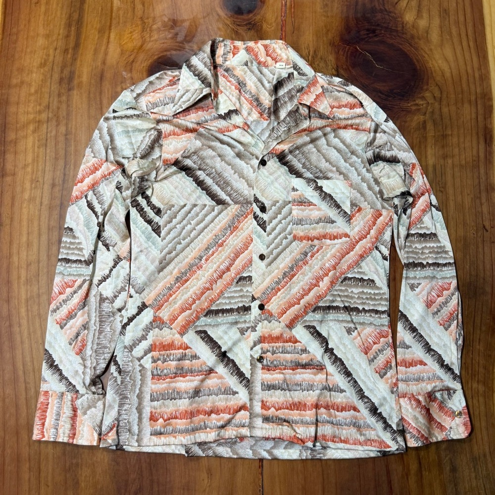 Vintage 70s Shirt Mens 16 16.5 Nylon Polyester Button Disco Retro Party L/S N15